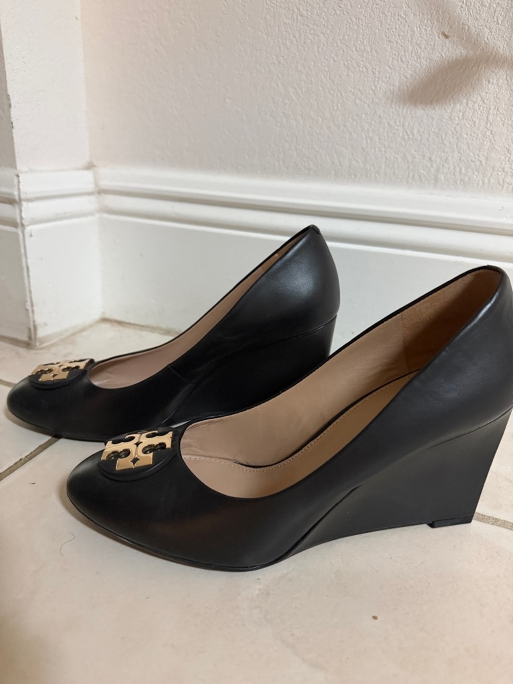 Tory Burch Black Leather Wedge Pumps with Gold Logo